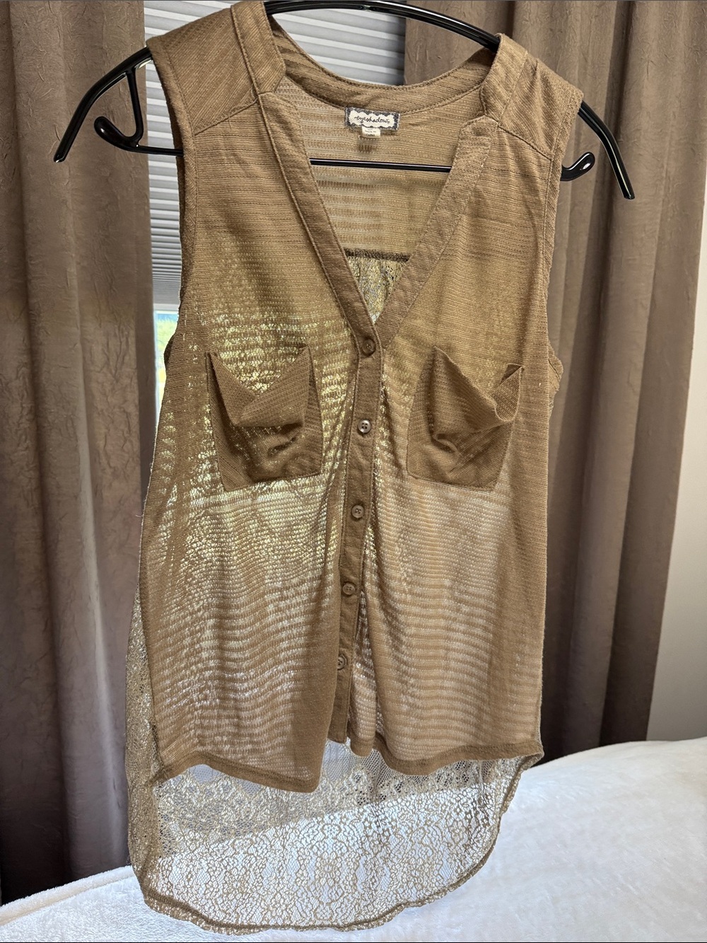Eyeshadow Sheer Button-Down Tank Top in Tan